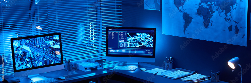 Header of desks with computer monitors with location data on screens standing along wall with map and window with venetian blinds Header of desks with computer monitors with location data on screens standing along wall with map and window with venetian blinds