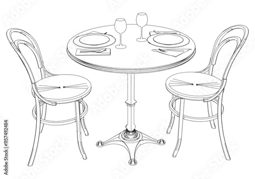 Round table and chair vector set. Restaurant chair and table. Outline illustration for coloring book, interior projects, designers.