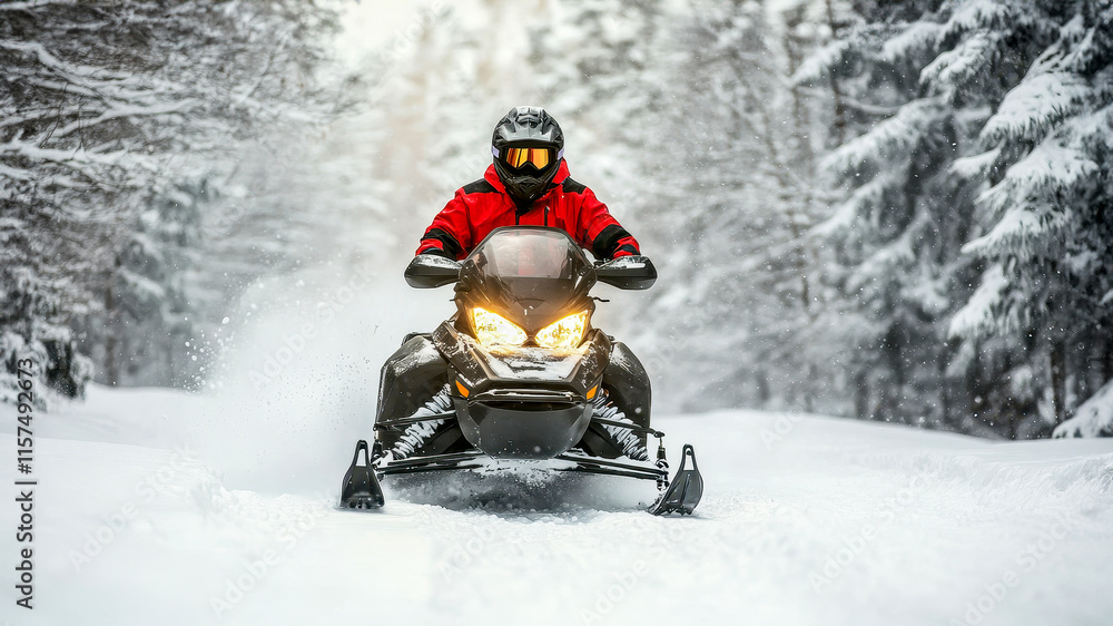 Man on snowmobile driving on winter snowy forest , dynamic scene Man on snowmobile driving on winter snowy forest , dynamic scene