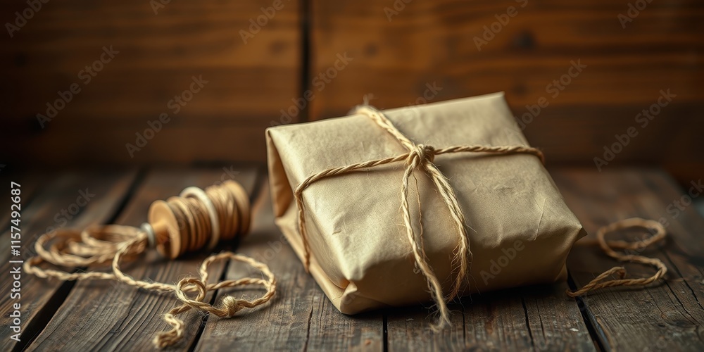 Rustic Gift Wrapped in Brown Paper Tied with Twine on Wooden Surface Rustic Gift Wrapped in Brown Paper Tied with Twine on Wooden Surface