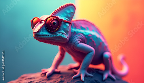 chameleon wearing sunglasses on a solid color background, vector art, digital art, faceted, minimal, abstract. Generative AI.
 photo