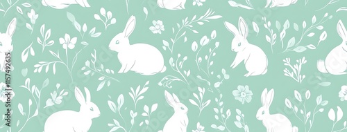 cottage-core Easter seamlesss pattern with white floral elements and bunnies