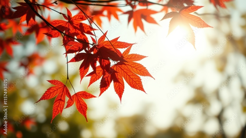 Autumnal foliage basking in the warm sunlight, vibrant red maple leaves against a softly blurred background Autumnal foliage basking in the warm sunlight, vibrant red maple leaves against a softly blurred background