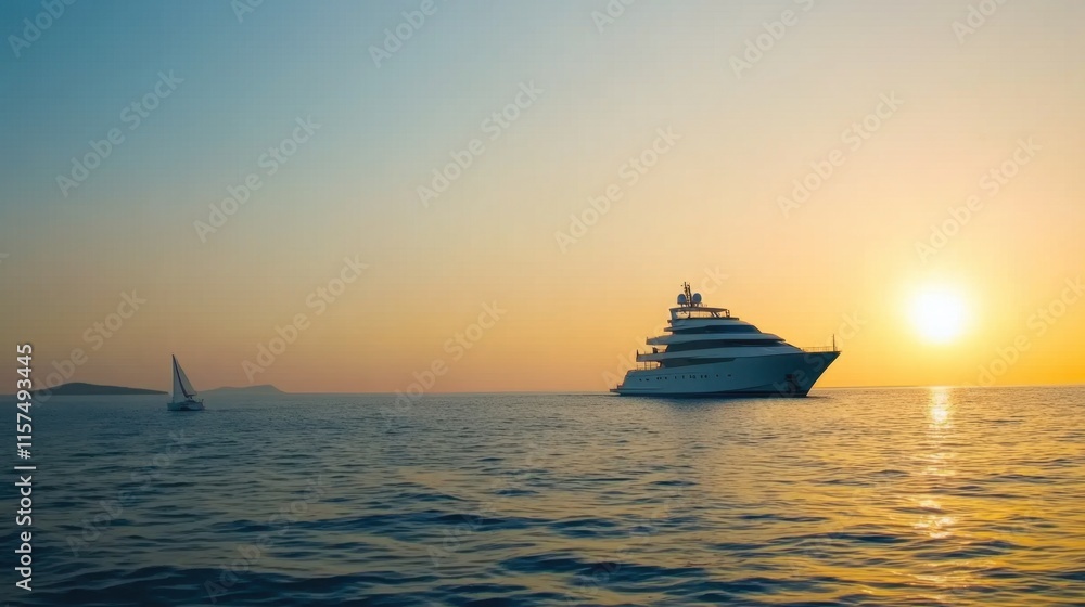 Obraz premium Luxury Yacht Sailing at Sunset with Calm Sea and Beautiful Horizon
