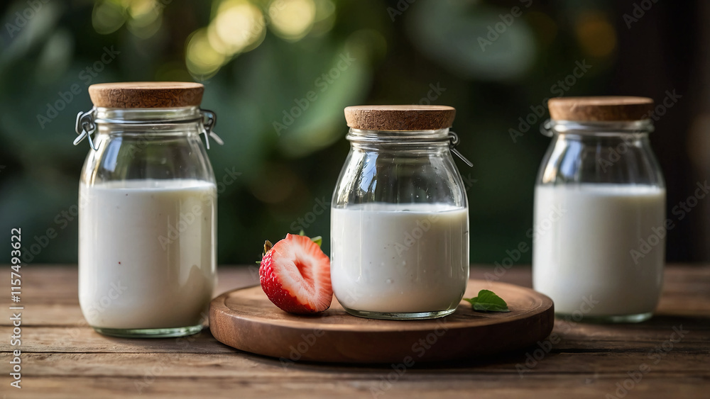 Fresh Yogurt in Glass Bottles: Rustic Display on a Wooden Table for a Natural and Wholesome Appeal Fresh Yogurt in Glass Bottles: Rustic Display on a Wooden Table for a Natural and Wholesome Appeal