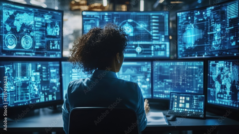 An operator inside a control room surrounded by hightech screens displaying live feeds of multiple factory areas signifying central command over new technologies. An operator inside a control room surrounded by hightech screens displaying live feeds of multiple factory areas signifying central command over new technologies.