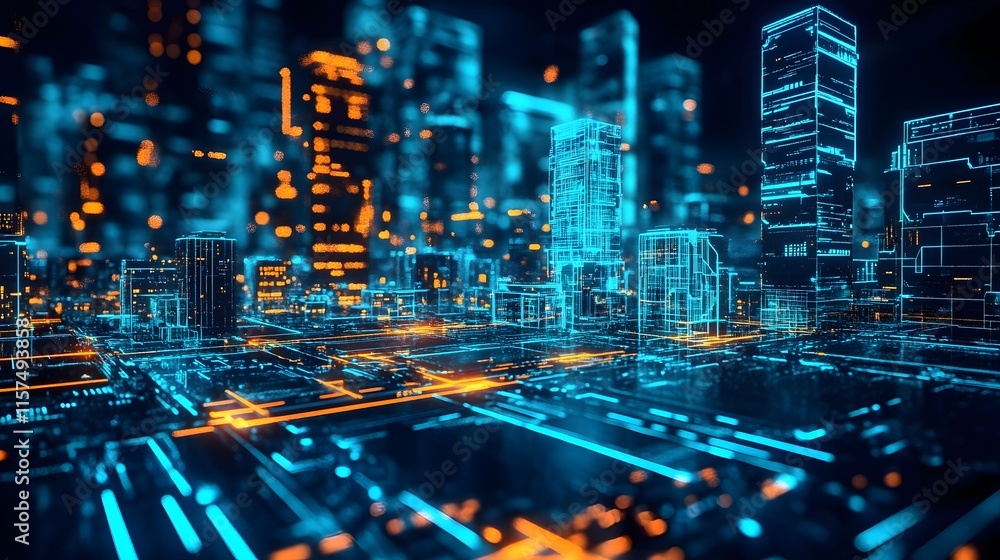 Obraz premium Futuristic cityscape visualization urban environment digital art neon lights aerial view technology concept