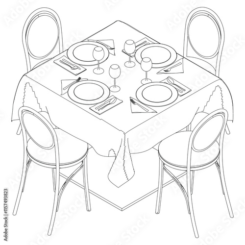 Single continuous line drawing stylish fashion dining table and chair outline vector illustration.