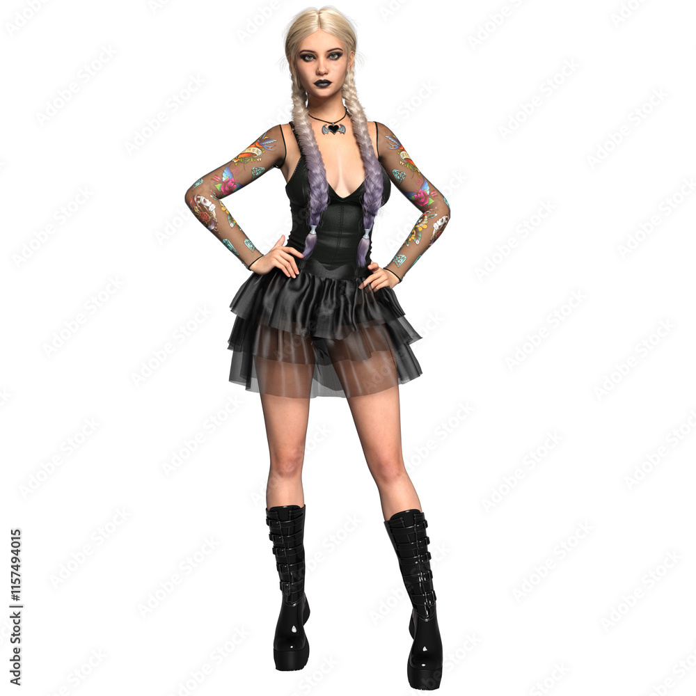3D rendered fictional gothic female character with blonde long braids isolated on transparent background 3D rendered fictional gothic female character with blonde long braids isolated on transparent background