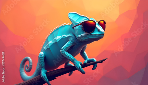 chameleon wearing sunglasses on a solid color background, vector art, digital art, faceted, minimal, abstract. Generative AI.
 photo