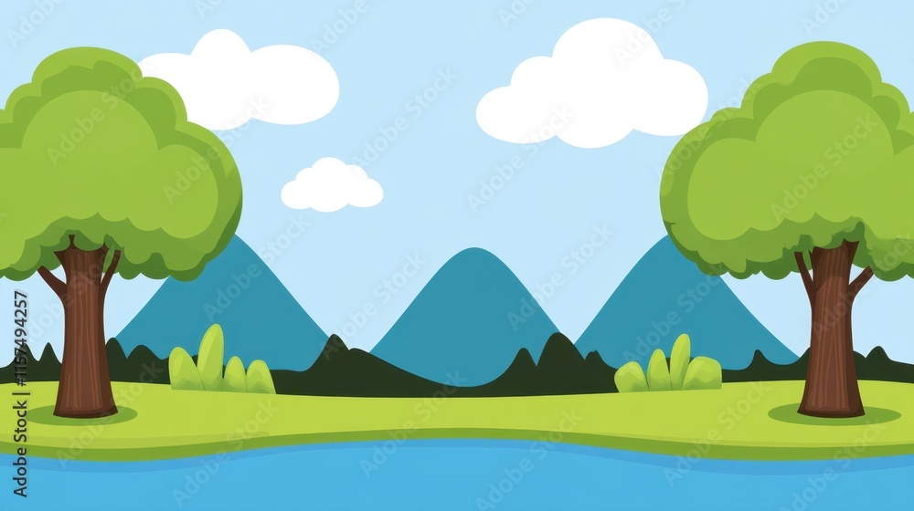 Obraz premium Vibrant Cartoon Landscape with Trees, Mountains, Water and Clouds
