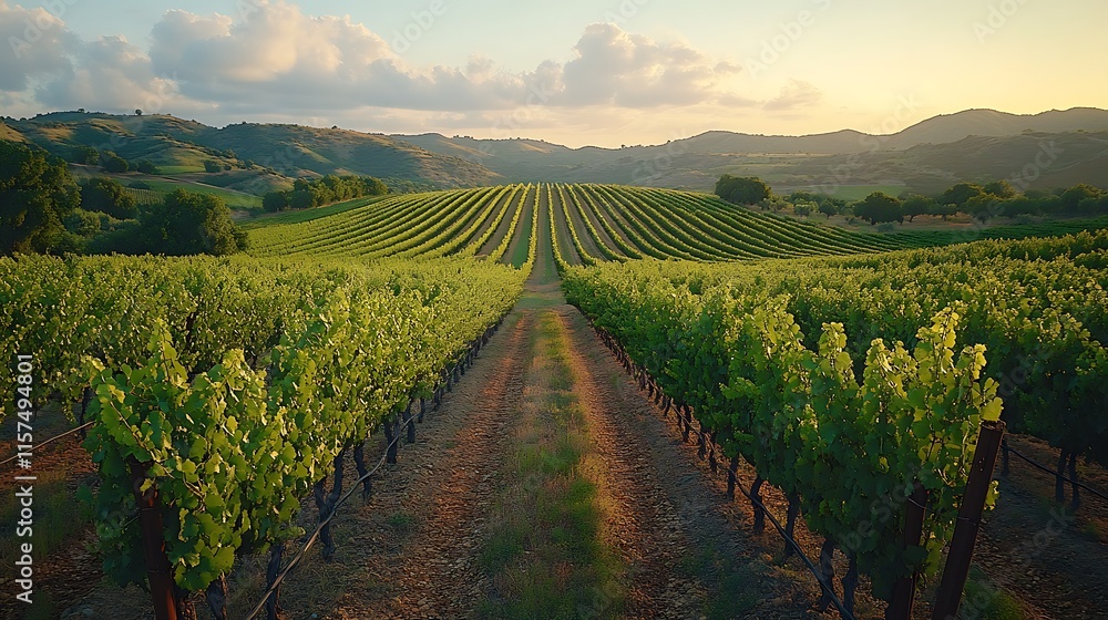 Fototapeta premium Rolling Hills Vineyard Sunset Golden Hour Landscape