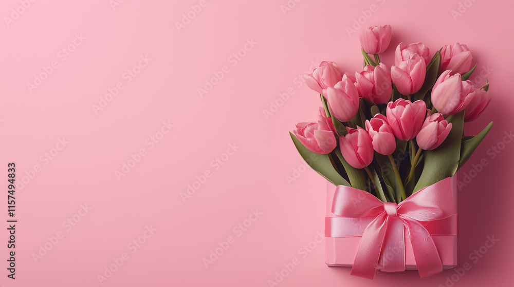 Naklejka premium Stylowe różowe pudełko prezentowe z kokardką, obok bukietu tulipanów, na różowym tle z przestrzenią na tekst, idealne na Dzień Matki lub Walentynki.