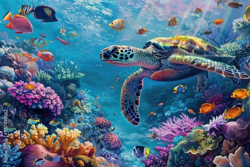 Fototapeta Naklejka Na Ścianę i Meble -  colorful coral reef with many fishes and sea turtle