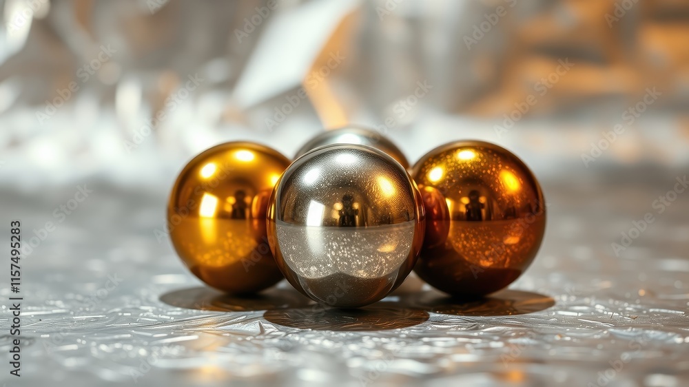 Reflective metallic spheres arranged on a shimmering surface Reflective metallic spheres arranged on a shimmering surface