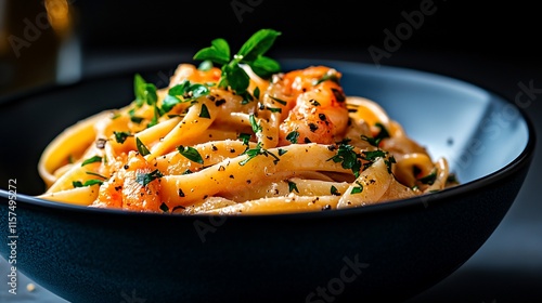 Creamy shrimp fettuccine pasta in a bowl. photo