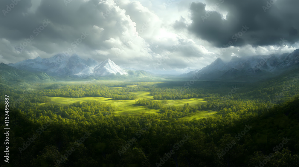 Obraz premium Vast Forest and Plain Panorama with Snow-Capped Mountains Under a Dramatic Sky