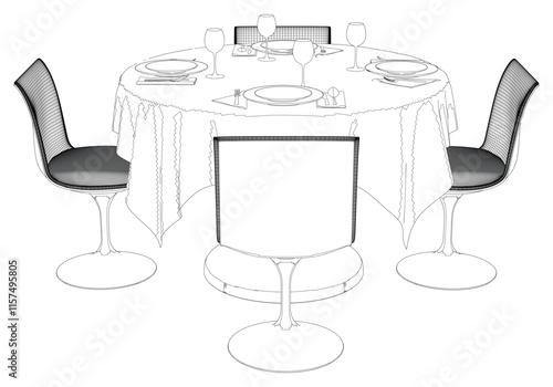 Round table and chair vector set. Restaurant chair and table. Outline illustration for coloring book, interior projects, designers.