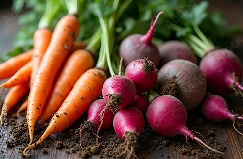 fresh healthy food, freshly harvested root vegetables like carrots, radishes, and beets, with dirt still clinging to their roots photo