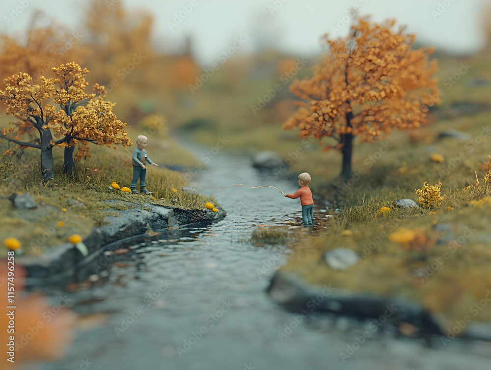 Fototapeta premium Autumn Creek 3D Illustration: Miniature Fishing