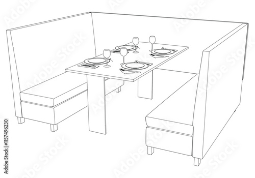 Restaurant furniture, Trendy dinner table and chairs set hand drawn outline doodle icon. Flat design. Vector sketch illustration for print, mobile graphic and infographics isolated on white background