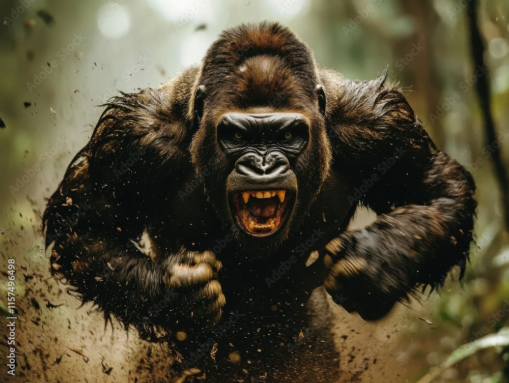 Obraz premium Powerful Gorilla Charging Through Lush Forest with Intense Expression and Motion Blur