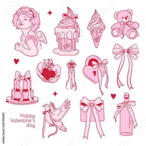 Coquette Valentine s day elements set decorated with coquette bows, ribbons. Angel, icecream, teddy, cake, wine bottle and dove Elegant vintage cupid with bow. Hand drawn line art vector illustrations