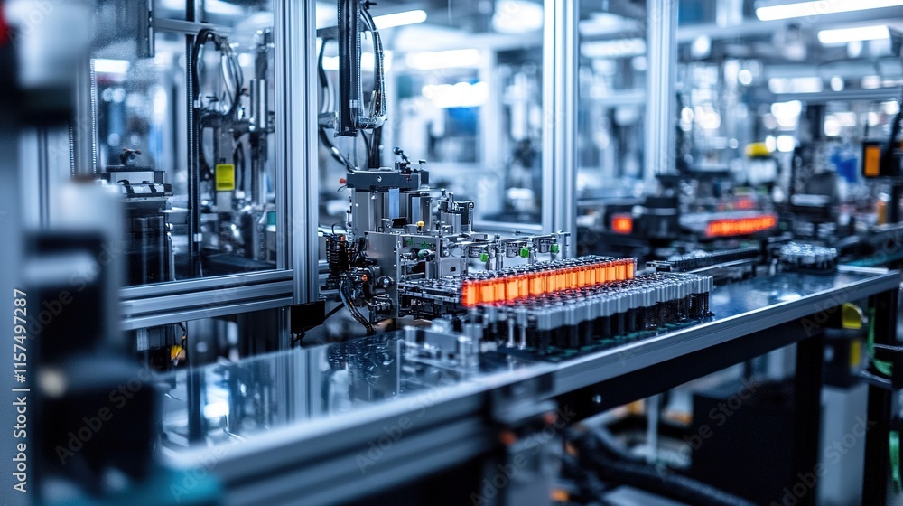 Machines assembling products with precision and speed in a state-of-the-art factory. Machines assembling products with precision and speed in a state-of-the-art factory.