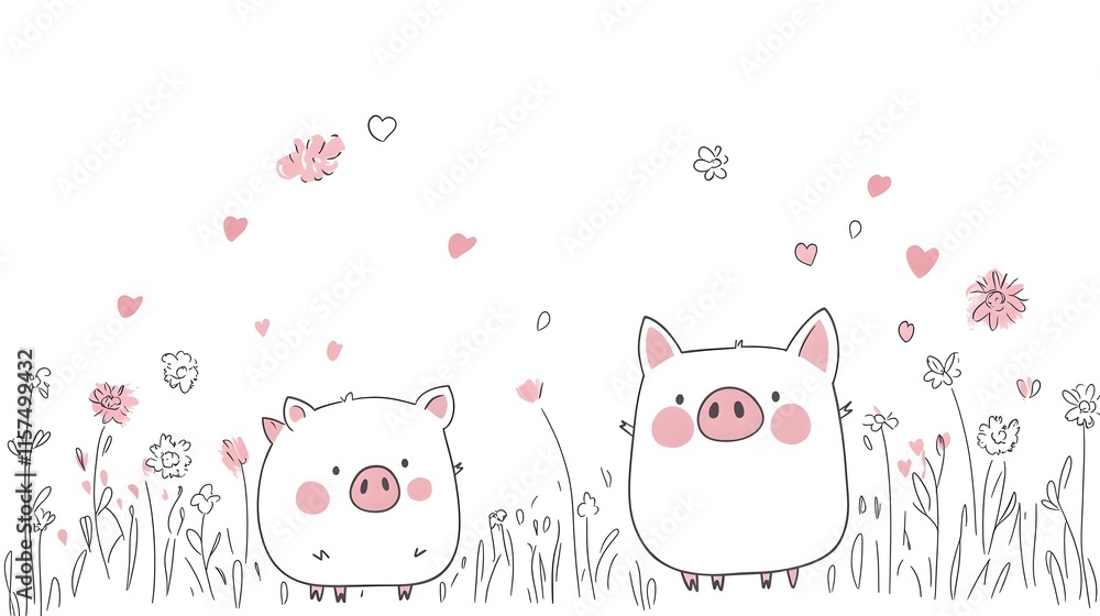 Two Cute Pigs in a Flowery Field with Hearts Two Cute Pigs in a Flowery Field with Hearts