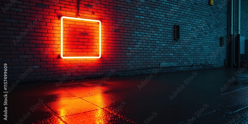 Fototapeta premium Luminous Square Neon Sign on Brick Wall at Night