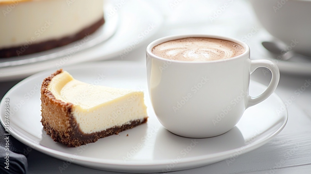A slice of cheesecake paired with a cup of coffee on a plate. A slice of cheesecake paired with a cup of coffee on a plate.