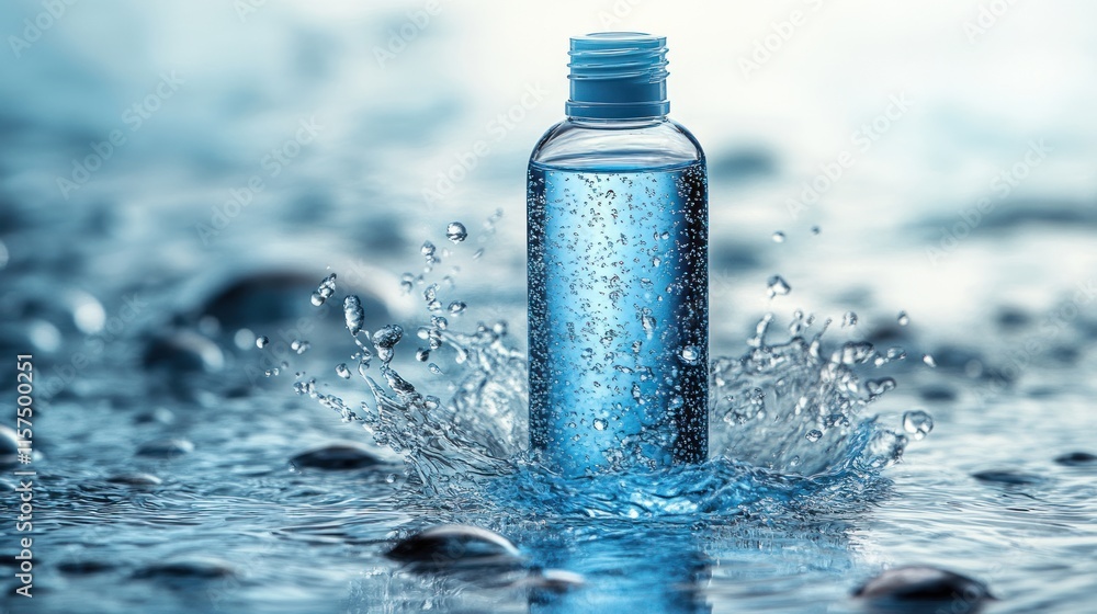 A bottle of water splashes in a serene, reflective surface, emphasizing hydration and freshness. A bottle of water splashes in a serene, reflective surface, emphasizing hydration and freshness.