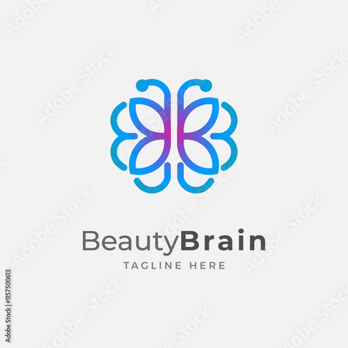 Brain Logo, brain and butterfly symbol of beauty combination, flat design logo template, vector illustration