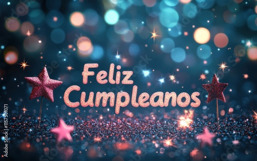 Sparkling Feliz Cumpleanos: A Festive Birthday Greeting Card Design with Glittering Stars and Bokeh Lights