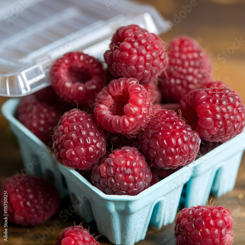 Fresh ripe raspberries s in a blue bowl, juicy berries in the plastic box photo