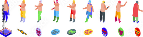 Mexican luchador masks icons set. Lucha libre wrestlers posing and wrestling masks collection, isometric lucha libre wrestlers and masks set