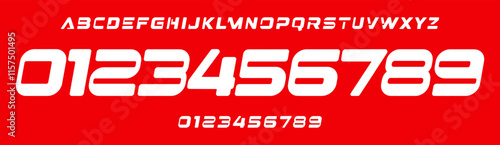 Sporty typography, race speed numbers and letters, bold wide font for extreme sports branding, jersey numbers, team merchandise. Vector typeset