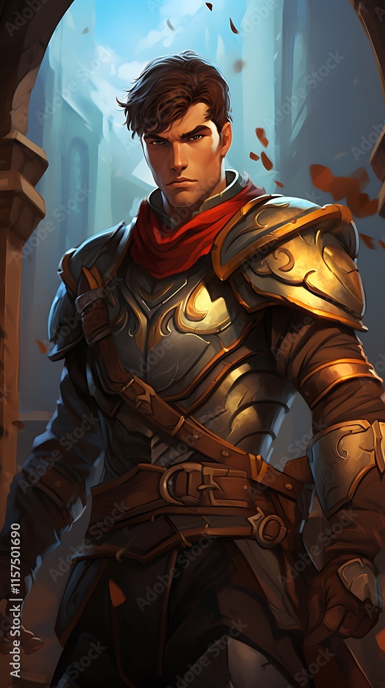 A young warrior in ornate armor stands confidently in a medieval setting. A young warrior in ornate armor stands confidently in a medieval setting.
