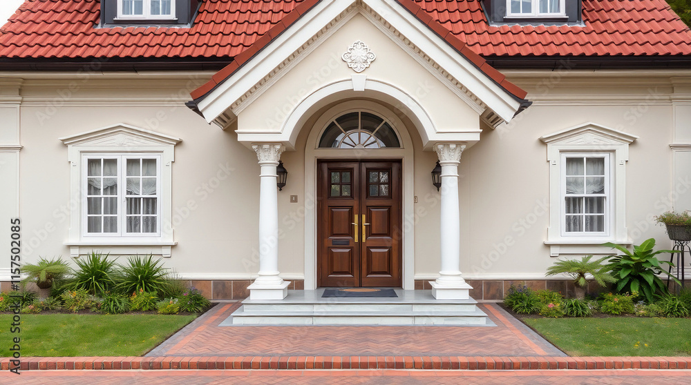 Residential House Exterior with Arched Entryway and Landscaping Residential House Exterior with Arched Entryway and Landscaping