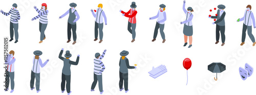 Mime performing pantomime icons set. Collection of mime artists engaging in various activities, showcasing their unique art form with classic props