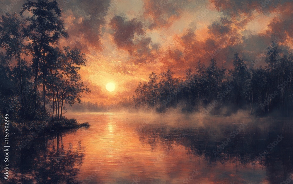 Misty Sunset over Serene Lake and Tranquil Forest: A Breathtaking Landscape Painting Misty Sunset over Serene Lake and Tranquil Forest: A Breathtaking Landscape Painting