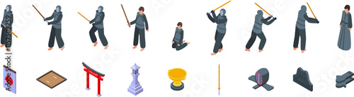 Kendo fighter icons set. Kendo fighters practicing with shinai bamboo swords and various equipment in isometric view