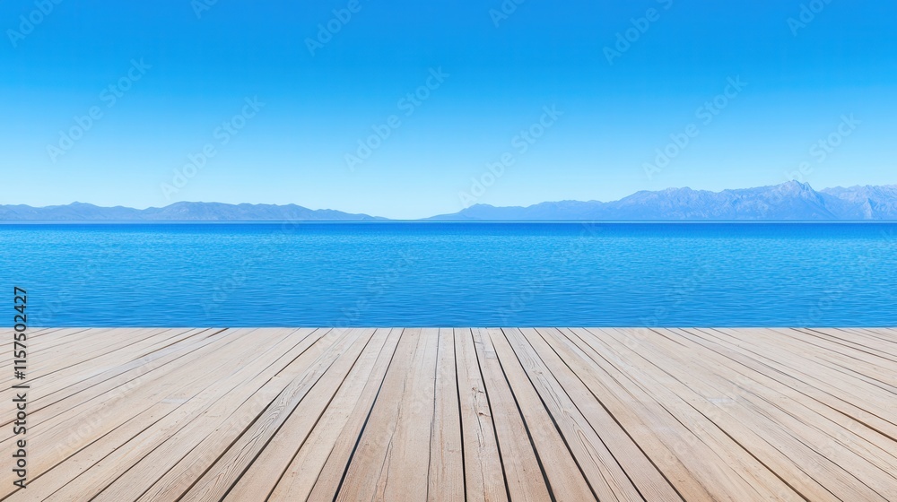 Fototapeta premium Serene Coastal View with Clear Blue Waters and Wooden Deck Perspective