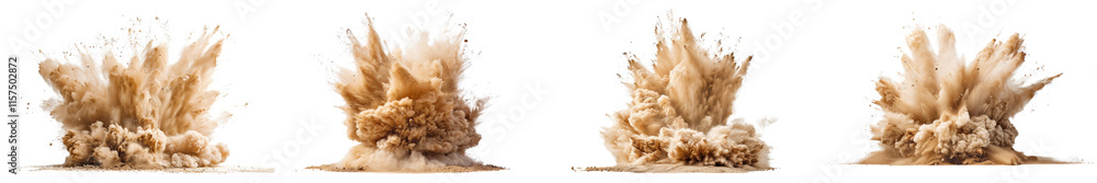 Collection of Sand explosion dust isolated on white or transparent background Collection of Sand explosion dust isolated on white or transparent background