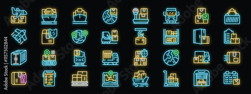 Bright neon icons depicting various aspects of logistics, including shipping, delivery, cargo handling, and transportation
