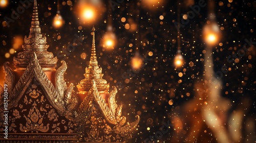 A luxurious Thai cultural celebration scene showcasing intricate gold kanok patterns on a dark brown silk fabric, glittery particles floating in the air. photo