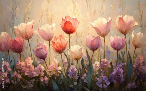 Serene Sunset Meadow: A breathtaking oil painting of tulips bathed in warm golden light