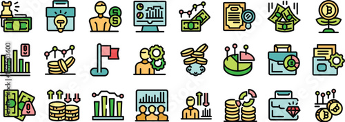 Colorful icons representing various aspects of financial management, including strategic planning, accounting, investment strategies, crowdfunding, market analysis, and financial growth