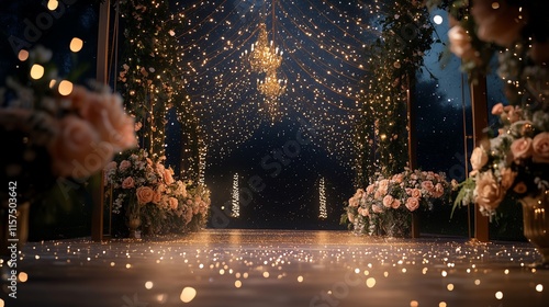 A magical wedding night scene with an open-air dance floor, peach and gold floral decor, confetti and glitter sparkling under a canopy of fairy lights, adding charm and elegance to the celebration.