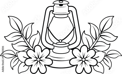 Vintage Kerosene Lamp with Botanical Flowers Line Art Illustration